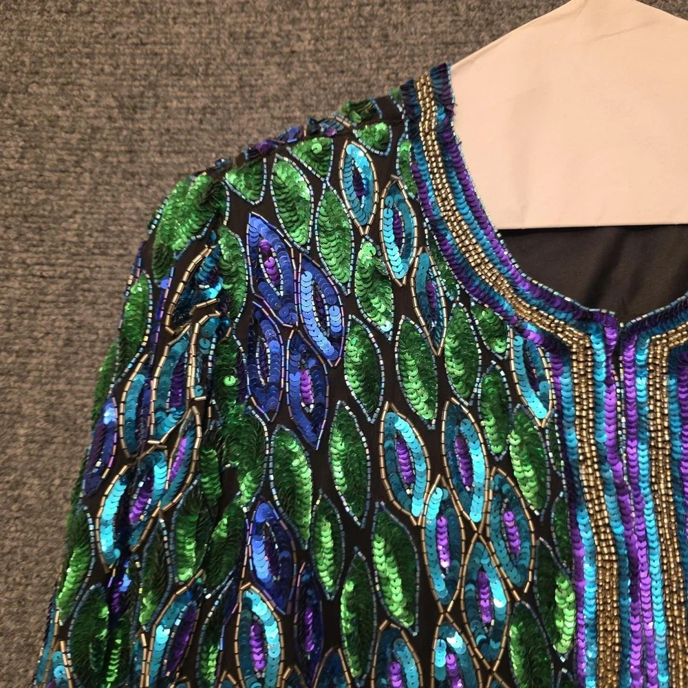 Vtg‎ Laurence Kazar Jacket Womens Large Multicolor Silk Beaded Sequin Peacock